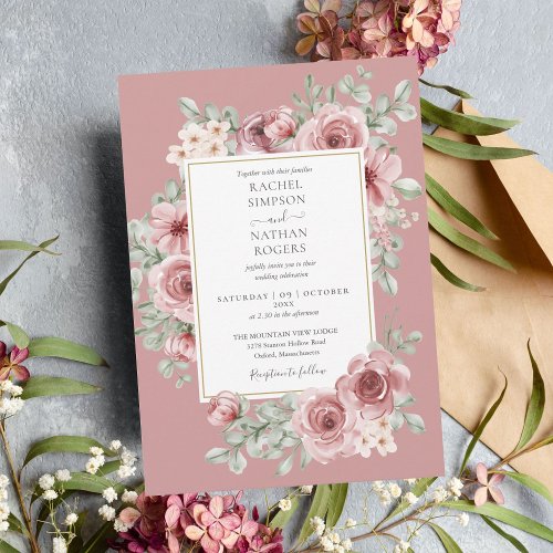 Elegant Dusty Rose Floral Gold Wedding Invitation