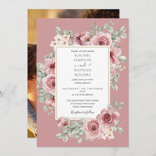 Elegant Dusty Rose Floral Gold Wedding Photo Invitation