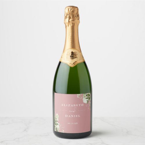 Elegant Dusty Rose Floral Greenery Wedding Sparkling Wine Label