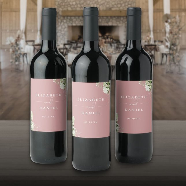 Elegant Dusty Rose Floral Greenery Wedding Wine Label (Elegant Dusty Rose Floral Greenery Wedding Wine Label)