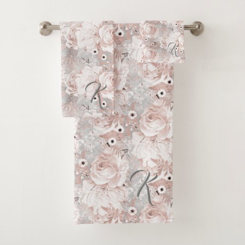 Elegant Dusty Rose Floral Grey Initial Towel Set
