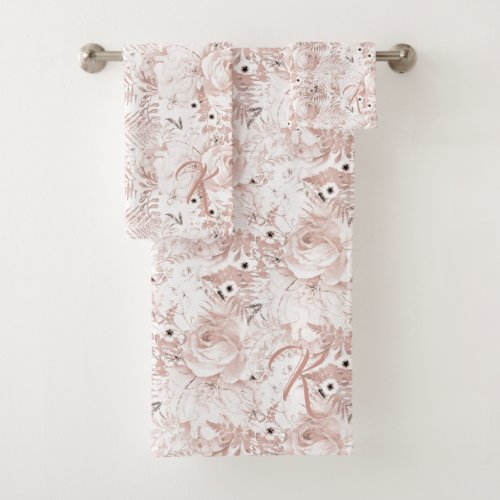 Elegant Dusty Rose Floral Initial Name Towel Set