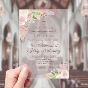 Elegant Dusty Rose Floral Modern Catholic Wedding Acrylic Invitations