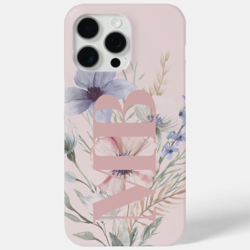 Elegant Dusty Rose Floral Monogram iPhone 15 Pro Max Case