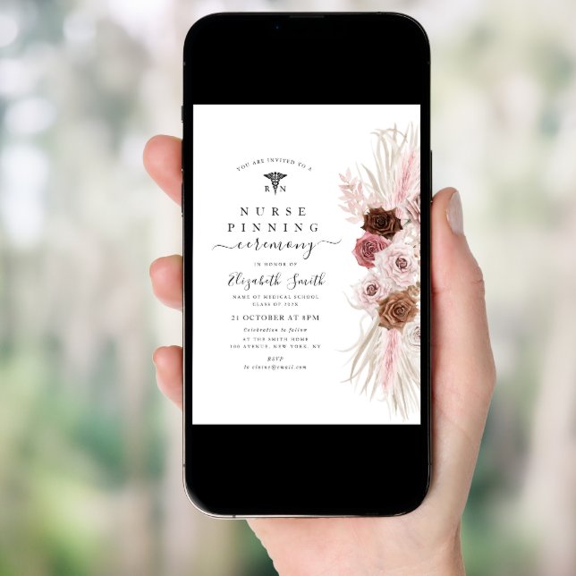 elegant dusty rose floral nurse pinning ceremony invitation (Front Digital)