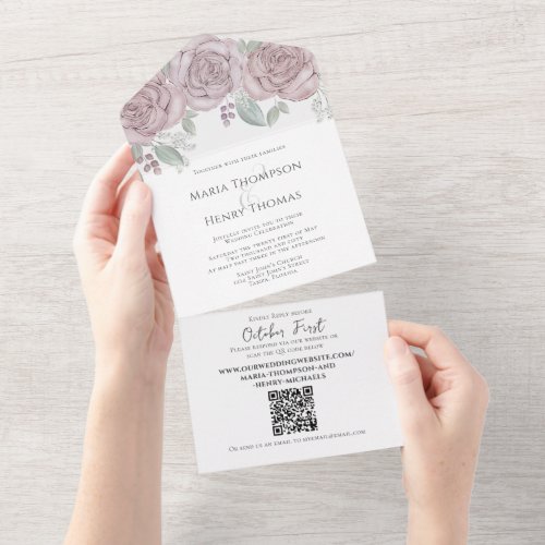 Elegant Dusty Rose Floral QR Code Wedding Budget  All In One Invitation