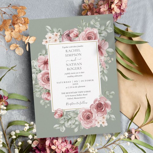 Elegant Dusty Rose Floral Sage Green Wedding Invitation