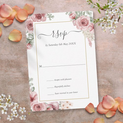 Elegant Dusty Rose Floral Script Wedding RSVP Card