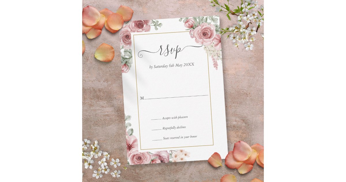 Elegant Dusty Rose Floral Script Wedding RSVP Card | Zazzle