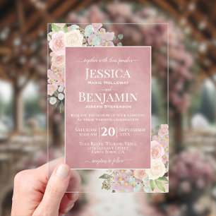 Elegant Dusty Rose Floral Stylish Text Wedding Acrylic Invitations