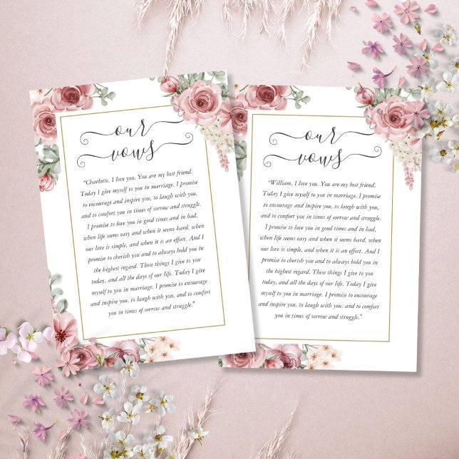 Elegant Dusty Rose Floral Wedding Vows Card (Elegant Dusty Rose Floral Wedding Vows Card)