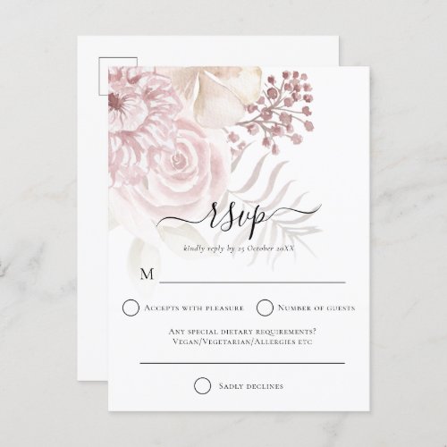 Elegant Dusty Rose Florals Wedding RSVP Invitation Postcard
