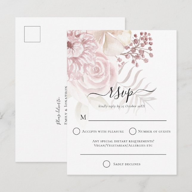 Elegant Dusty Rose Florals Wedding RSVP Invitation Postcard (Front/Back)