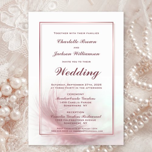 Elegant Dusty Rose Framed Feather Wedding Invitation