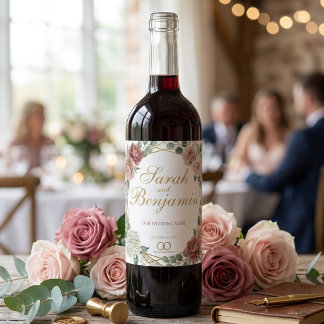 Elegant Dusty Rose Geometric Floral Watercolor  Wine Label