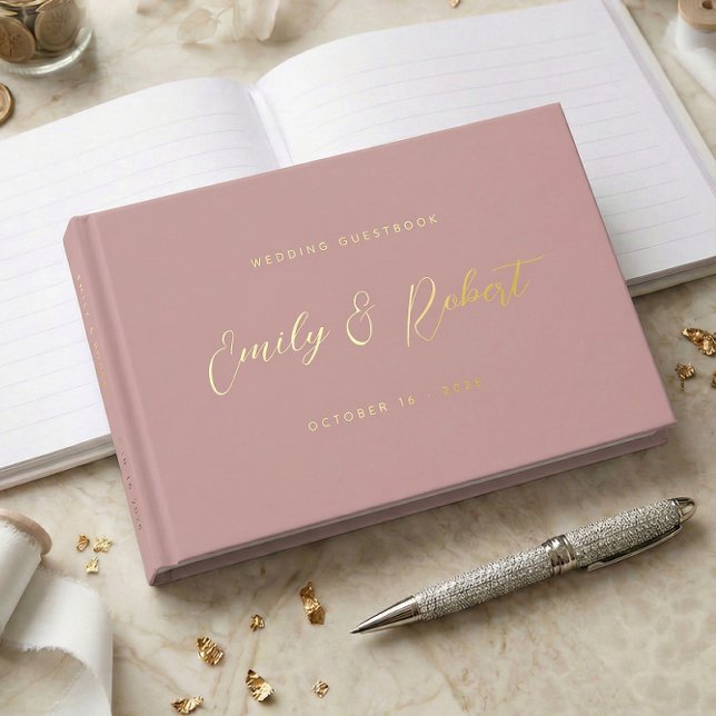 Elegant Dusty Rose Gold Calligraphy Wedding Photo Foil Guest Book (Creator Uploaded)