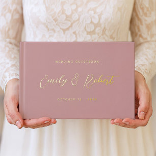 Elegant Dusty Rose Gold Calligraphy Wedding Photo Foil Guest Book
