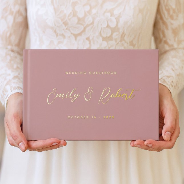 Elegant Dusty Rose Gold Calligraphy Wedding Photo Foil Guest Book (Creator Uploaded)