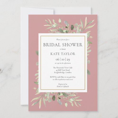 Elegant Dusty Rose Gold Greenery Bridal Shower Invitation - Featuring delicate watercolor greenery leaves on a dusty rose background, this chic bridal shower invitation can be personalized with your special bridal shower information. Designed by Thisisnotme©