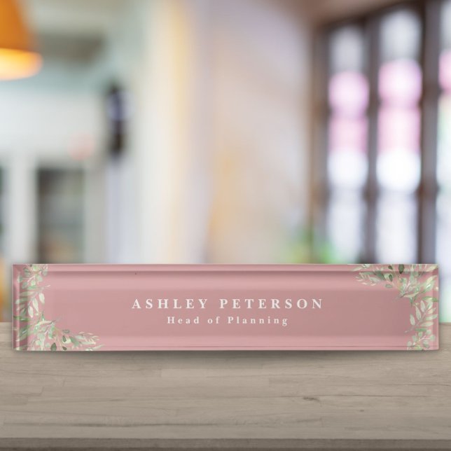 Elegant Dusty Rose Gold Greenery Desk Name Plate (Elegant Dusty Rose Gold Greenery Desk Name Plate)