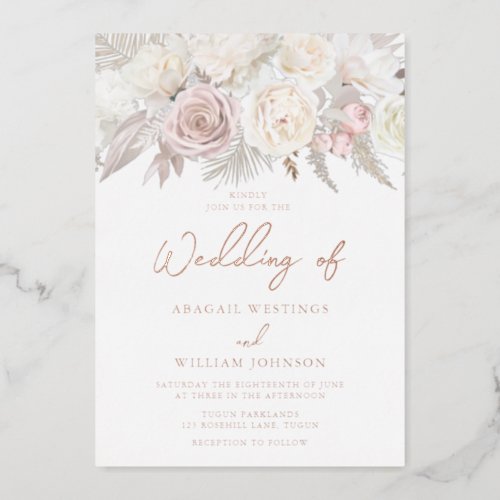 Elegant Dusty Rose Gold Ivory White Floral Wedding Foil Invitation