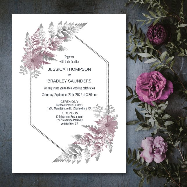 Elegant Dusty Rose Gray Botanical Wedding Invitation (Creator Uploaded)