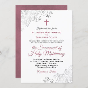 Elegant Dusty Rose & Gray Modern Catholic Wedding Invitation