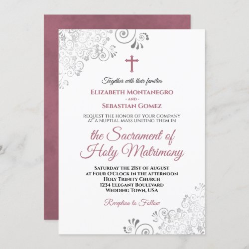 Elegant Dusty Rose  Gray Modern Catholic Wedding Invitation