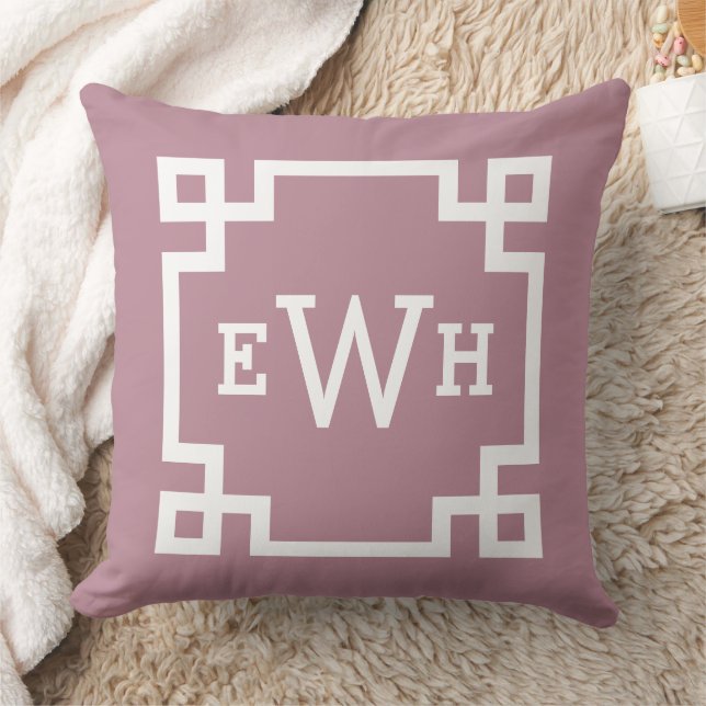 Elegant Dusty Rose Greek Key Monogram Initial Throw Pillow (Blanket)