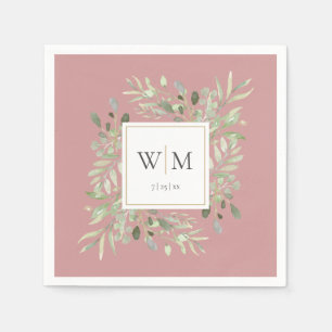 Elegant Dusty Rose Greenery Gold Monogram Napkins