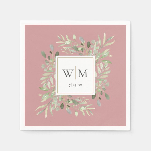 Elegant Dusty Rose Greenery Gold Monogram Napkins (Front)