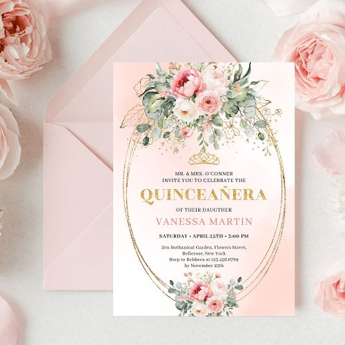 Elegant Dusty Rose Greenery Quinceañera Card