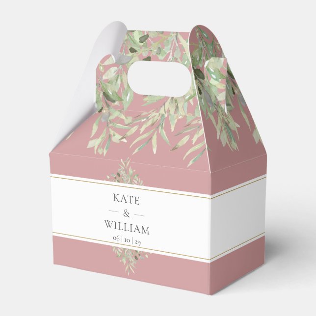 Elegant Dusty Rose Greenery Wedding Favor Boxes (Front Side)