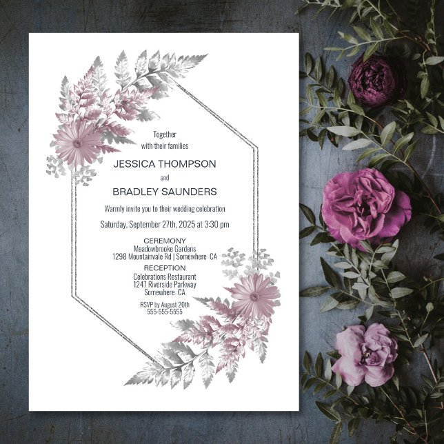 Elegant Dusty Rose Grey Botanical Wedding Invitation (Creator Uploaded)