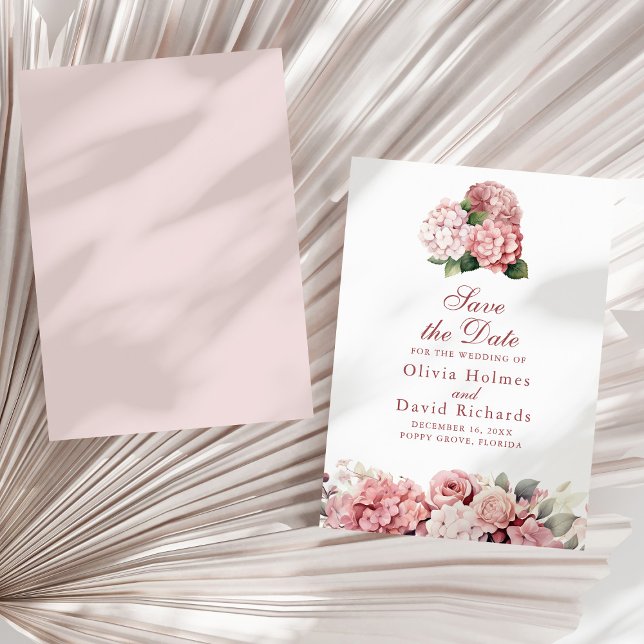 Elegant Dusty Rose Hydrangea Wedding Save The Date (Elegant Dusty Rose Hydrangea Wedding Save The Date on a sunny neutral dry palm leaf.)