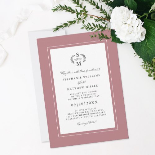 Elegant Dusty Rose Initials Calligraphy Wedding Invitation