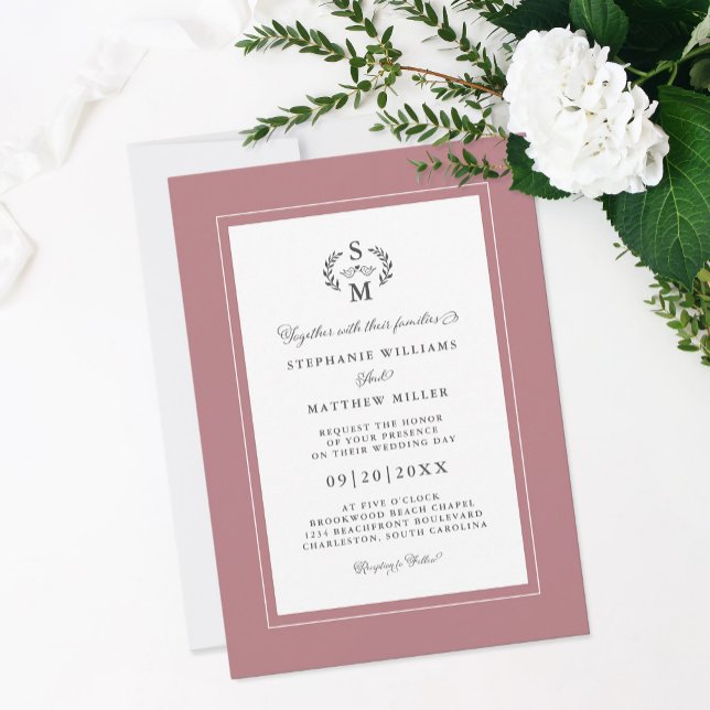 Elegant Dusty Rose Initials Calligraphy Wedding Invitation (Elegant Dusty Rose Initials Calligraphy Wedding Invitation)