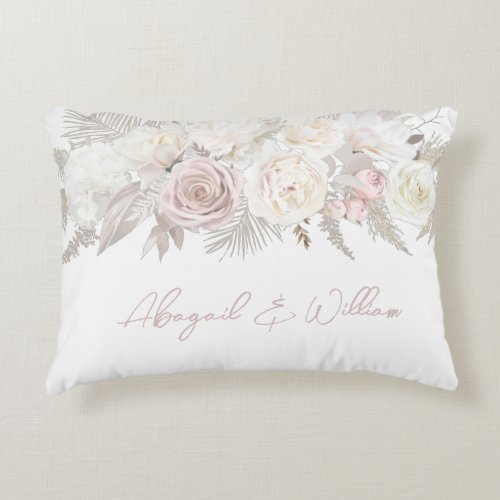 Elegant Dusty Rose  Ivory White Floral Wedding Accent Pillow