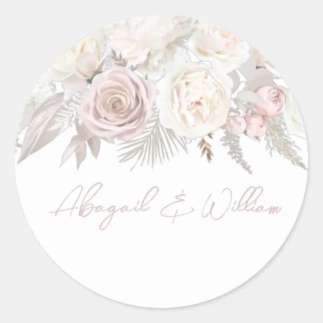 Elegant Dusty Rose & Ivory White Floral Wedding Classic Round Sticker ...
