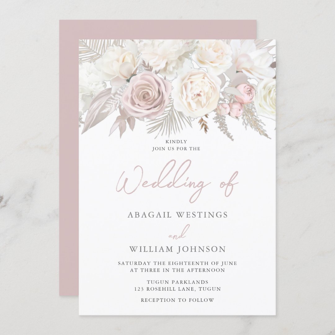 Elegant Dusty Rose & Ivory White Floral Wedding Invitation | Zazzle