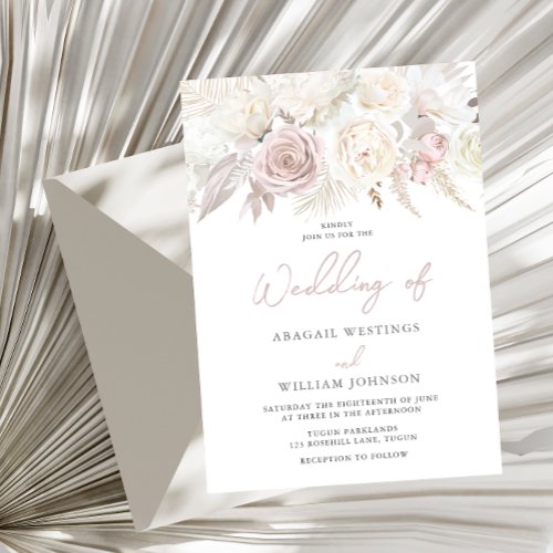 Elegant Dusty Rose  Ivory White Floral Wedding Invitation