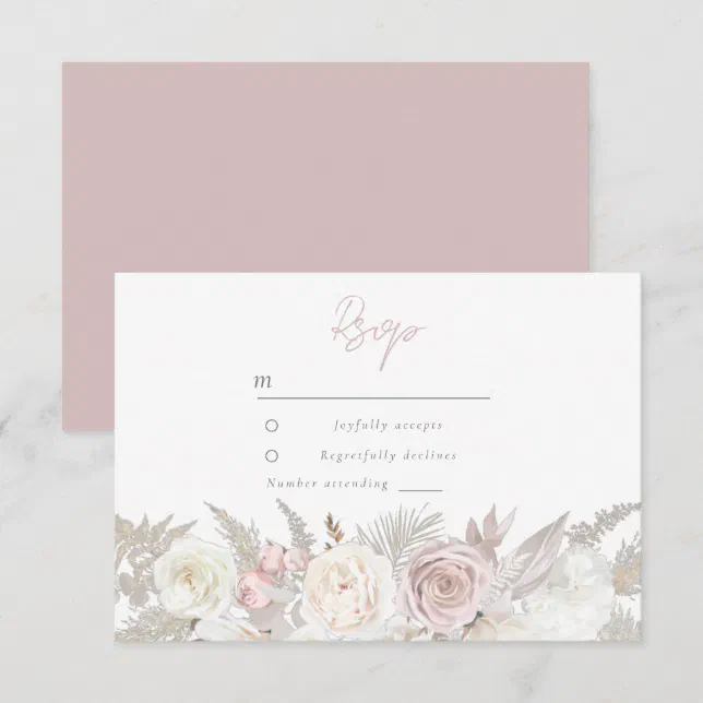 Elegant Dusty Rose & Ivory White Floral Wedding RSVP Card | Zazzle