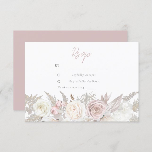 Elegant Dusty Rose & Ivory White Floral Wedding RSVP Card (Front/Back)