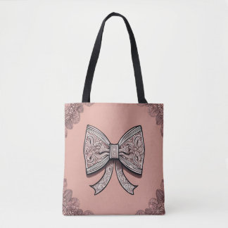 Elegant Dusty Rose Lace Bow & Ornate Coquette Tote Bag