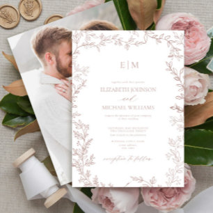 Elegant Dusty Rose Leaf Photo Monogram Wedding Invitation