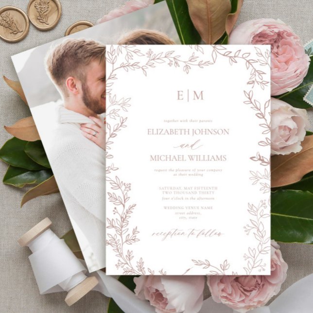 Elegant Dusty Rose Leaf Photo Monogram Wedding Invitation (Creator Uploaded)