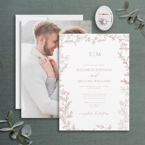Elegant Dusty Rose Leaf Photo Monogram Wedding Invitation