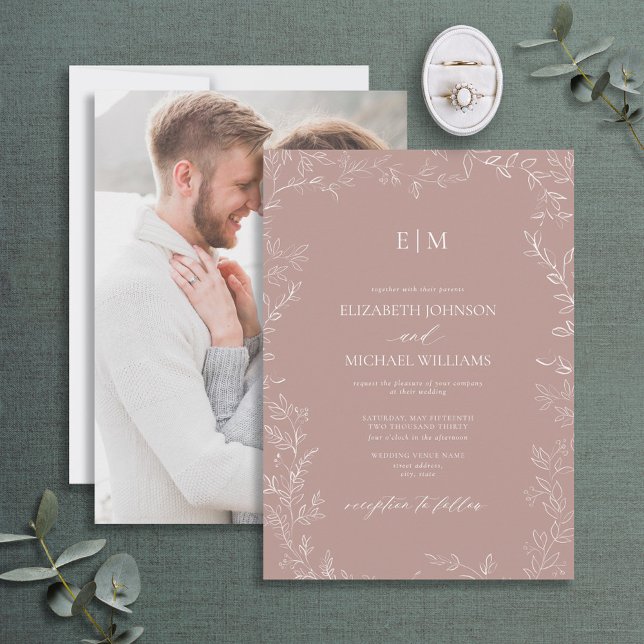 Elegant Dusty Rose Leaf Photo Monogram Wedding Invitation (Creator Uploaded)