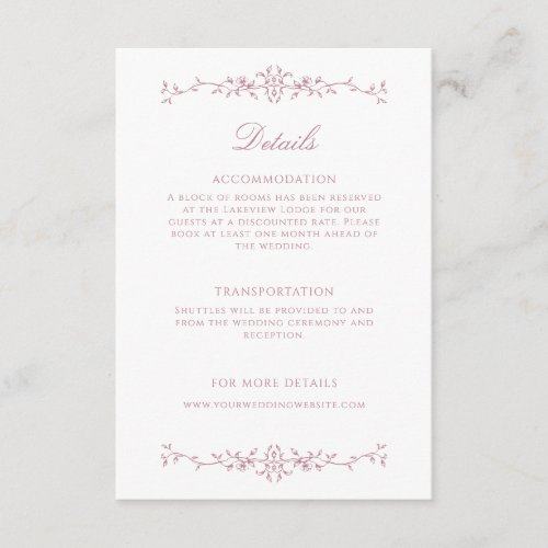Elegant Dusty Rose Line Art Wedding Details Enclosure Card