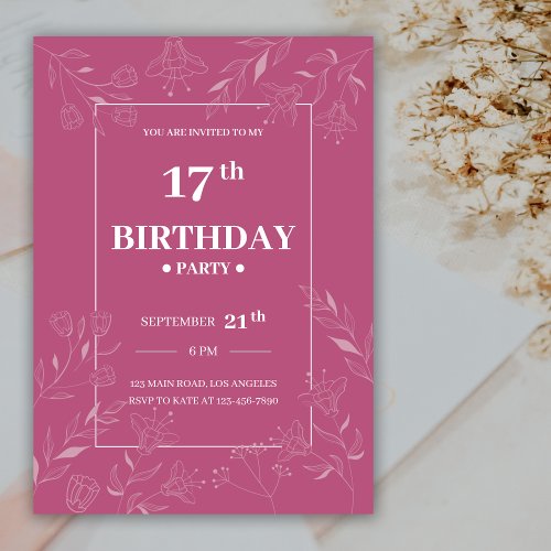 Elegant Dusty Rose Line Floral Birthday Party Invitation